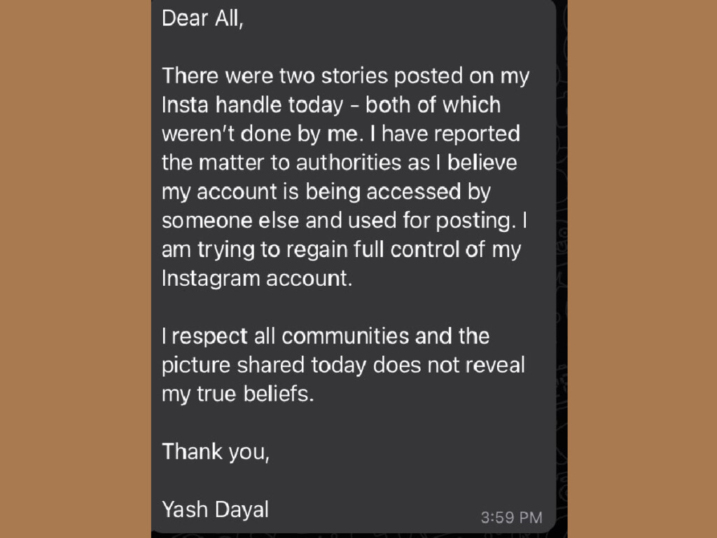 Yash dayal apology