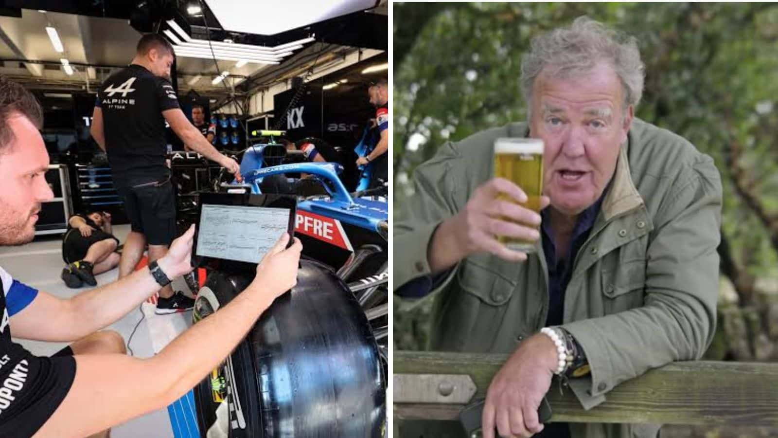 Jeremy Clarkson ‘rains alcohol’ on Alpine crew after losing bet involving Esteban Ocon as he delivers 1000 beers in a tractor