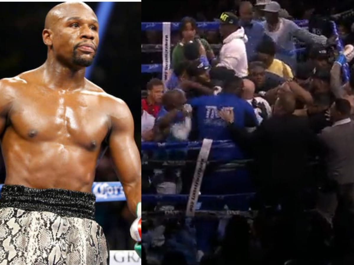 WATCH: Brawl breaks out at Floyd Mayweather exhibition fight as John Gotti attempts to attack $400 million worth boxer