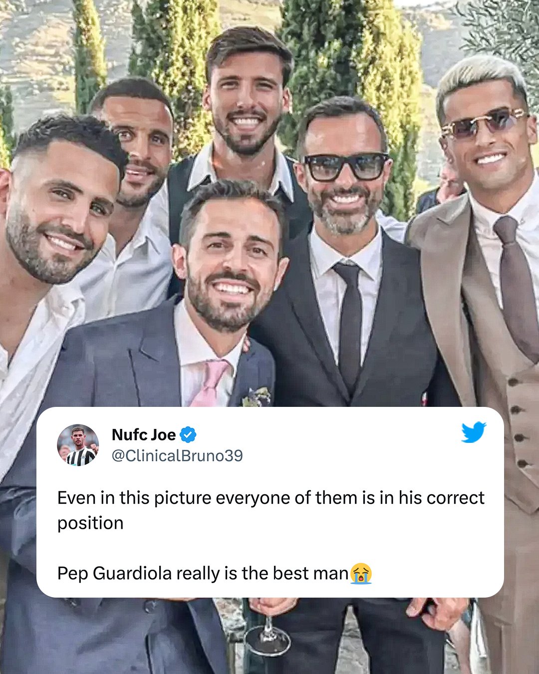 “Pep drilled it into them”- Fans mock Manchester City stars including Bernando Silva after they line up as per their playing positions in his wedding picture