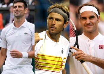 Novak Djokovic (left), Mardy Fish (middle) and Roger Federer (right)