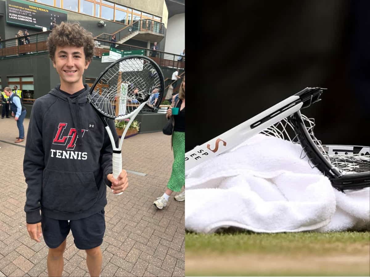 Novak Djokovic’s broken racket becomes a memento for young fan who poses after the Serb’s Wimbledon defeat to Carlos Alcaraz