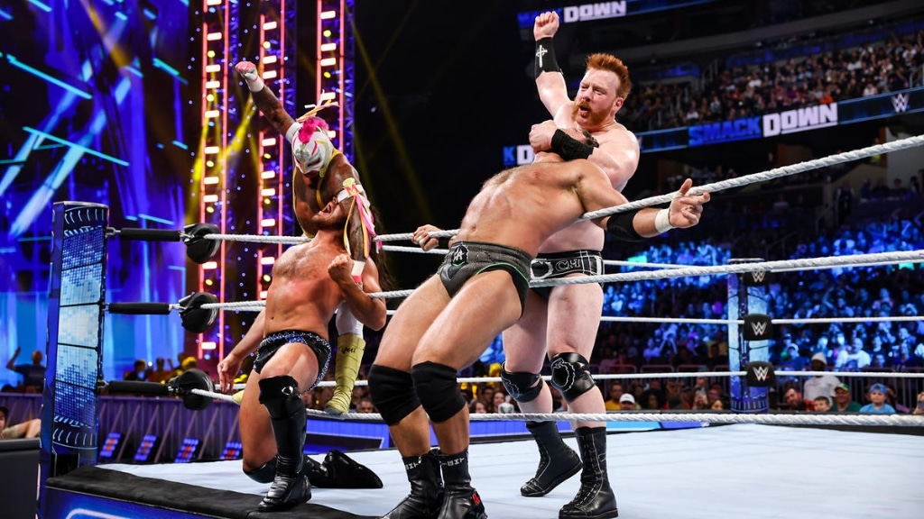 Rey Mysterio and Sheamus beat down Cameron Grimes and LA Knight 