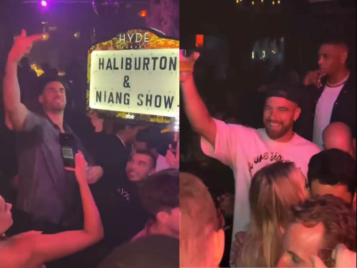 WATCH: $20,000,000 worth Travis Kelce celebrates Tyrese Haliburton and Georges Niang’s contract with a drink at a club