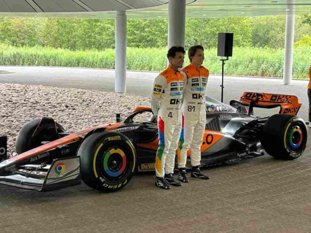 Lando Norris and Oscar Piastri at the Chrome livery launch, McLaren technology centre