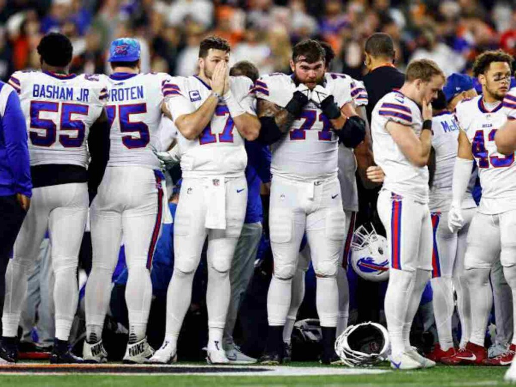 Josh Allen and his teammates react after Hamlin's collapse (via Getty images)