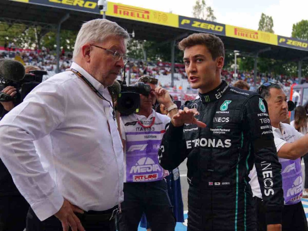 George Russell and Managing Director, Motor Sport for Formula One Group, Ross Brawn