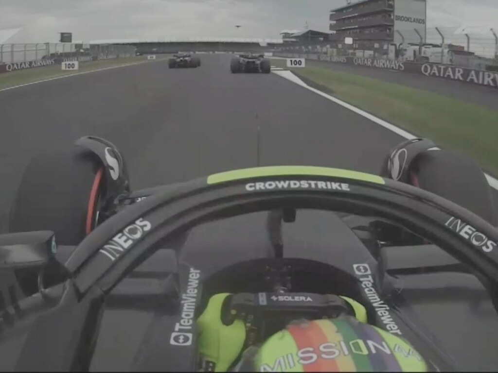 On board shot from Lewis Hamilton's car as Max Verstappen passes George Russell (Credits: @FiftyBucksVT/Twitter)