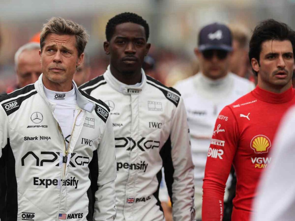 Brad Pitt, Damson Idris, and Carlos Sainz on the British GP grid (Credits: @F1/Twitter)