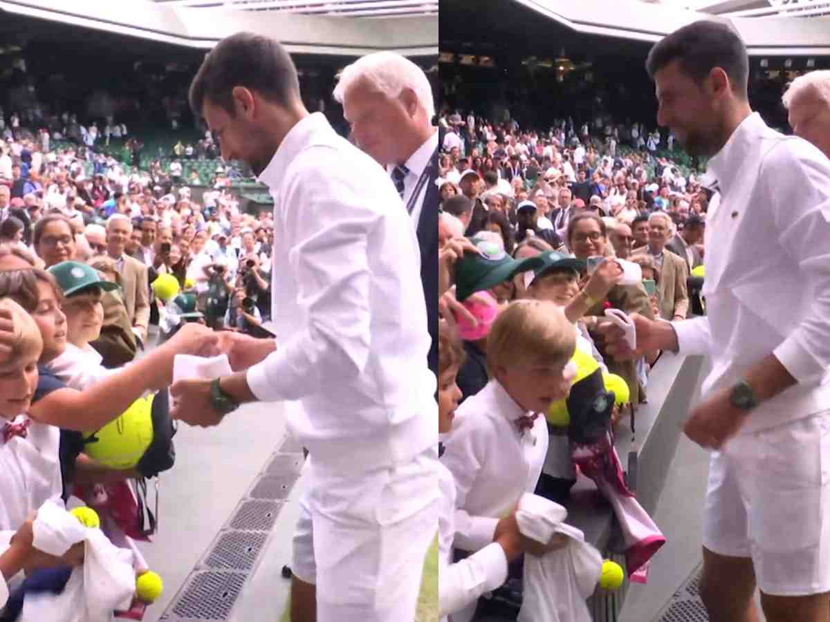 WATCH: In a heartwarming moment, Novak Djokovic stops to present gifts to young fans cheering him on the Wimbledon Centre Court