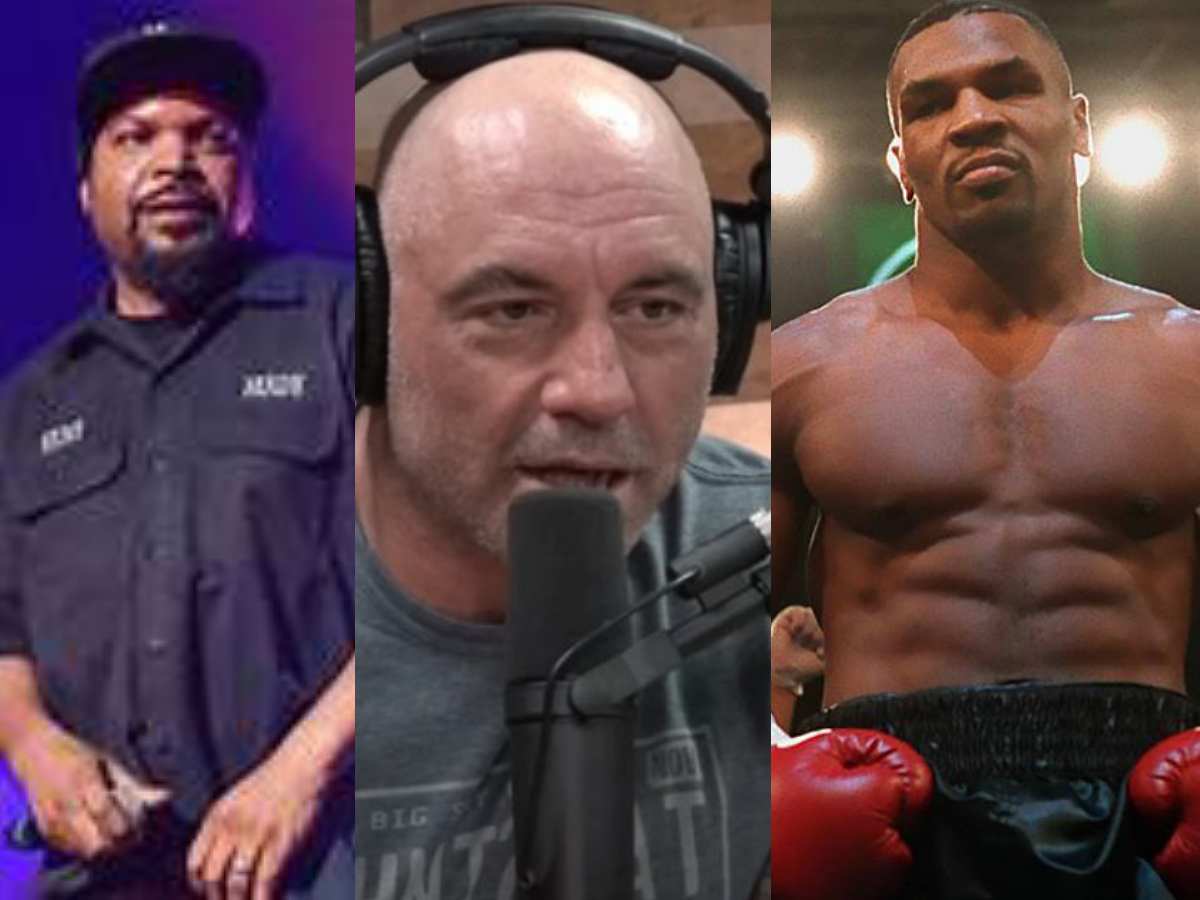 “Just here to whoop your a**,” Joe Rogan and Ice Cube hilariously compare Mike Tyson’s towel and no socks outfit compared to Floyd Mayweather’s luxurious fits