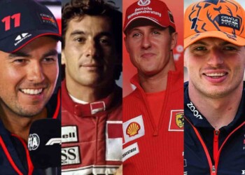 Sergio Perez (image via Sports Illustrated), Ayrton Senna (image via Thefamouspeople.com), Michael Schumacher (image via EOnline.com). Max Verstappen (image via Autosport)