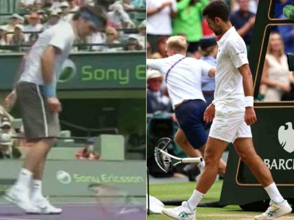 Novak Djokovic Roger Federer racket smash