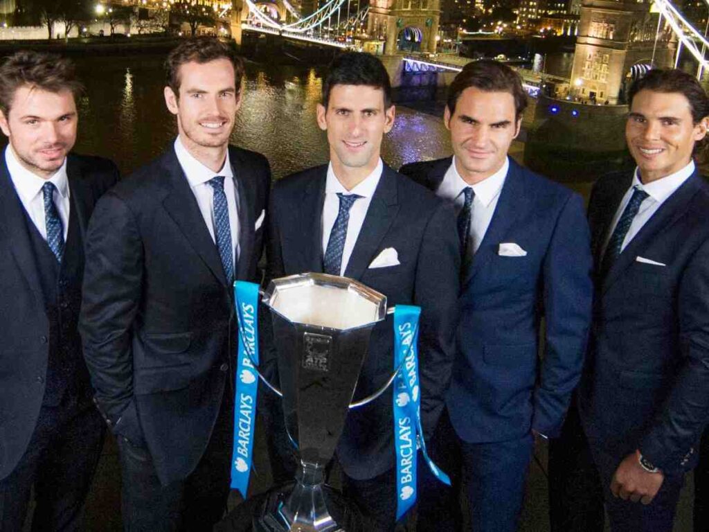 From left: Stan Wawrinka, Andy Murray, Djokovic, Federer, and Nadal posing together before the World Finals.