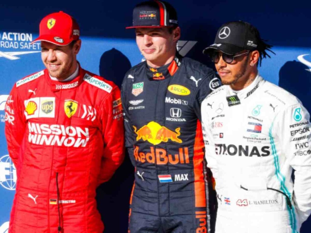 Max Verstappen with Sebastian Vettel and Lewis Hamilton