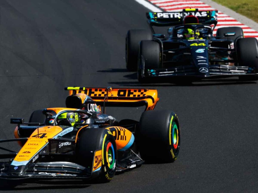 McLaren's Oscar Piastri being challenged by Lewis Hamilton's Mercedes