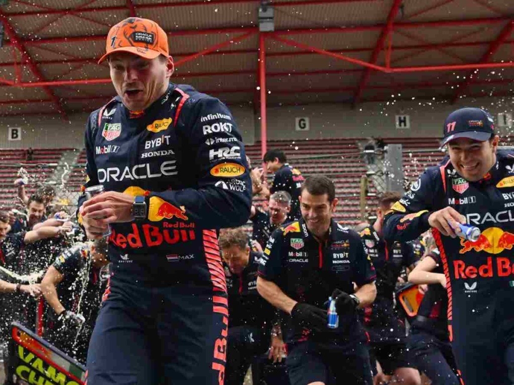 Max Verstappen and Sergio Perez celebrating the Belgian GP 1-2 with Red Bull crew (image via The Drive)