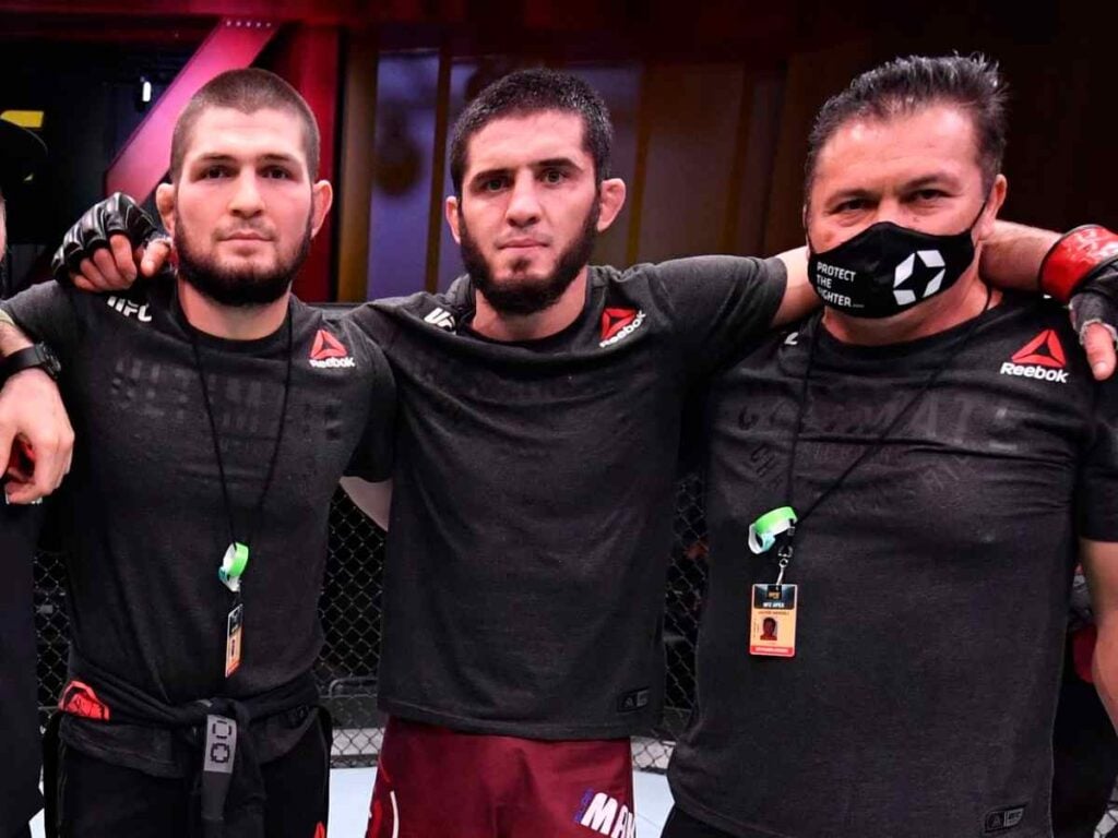 Khabib Nurmagomedov and Islam Makhachev with coach Javier Mendez 