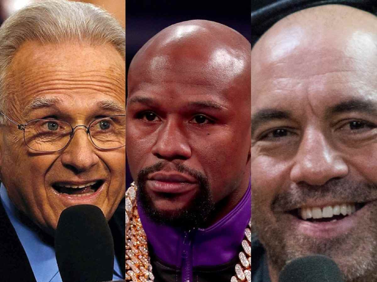 “If I was 50 years younger, I’d kick your as*” Joe Rogan hysterically laughs reacting to Floyd Mayweather getting threatened by 80-year-old Larry Merchant