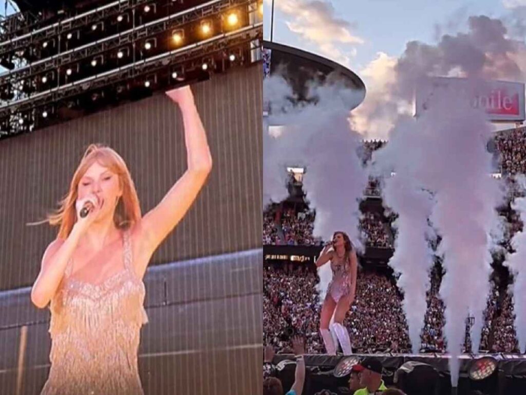 Chiefs’ heiress Gracie Hunt takes everyone’s breath away in a SPARKLING silver dress during Taylor Swift’s concert at Arrowhead
