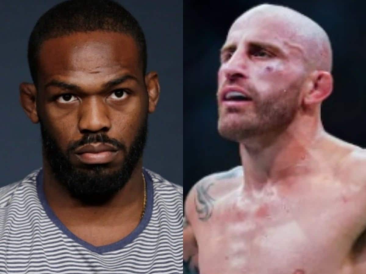 “Notice Volk taking step back” – Fans react as Jon Jones hilariously confronts Alexander Volkanovski about being tied for P4P best rankings 