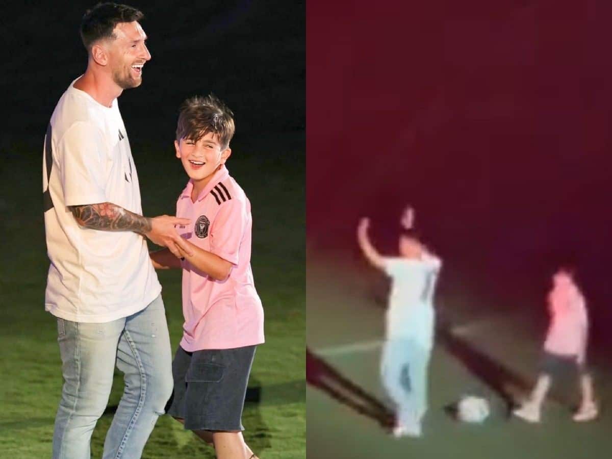 WATCH: Lionel Messi’s son Thiago pulls off a cheeky nutmeg on him during his unveiling ceremony at Inter Miami