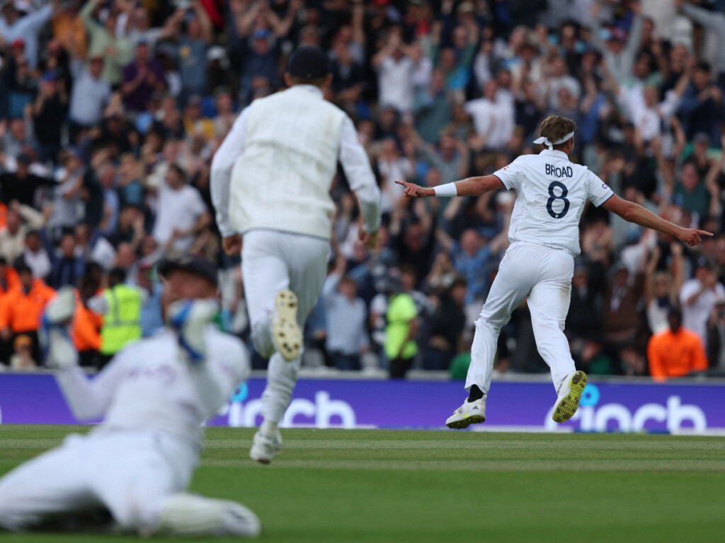 Stuart Broad celebrates after win