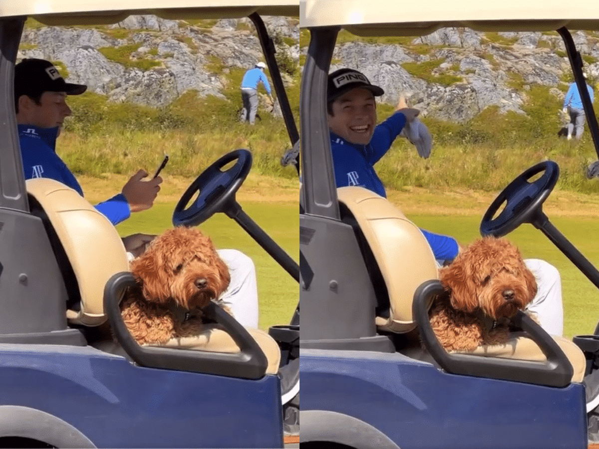 “F****** love this guy,” Golf fans relish in Viktor Hovland’s EPIC Norway moment as Norwegian amuses himself with adorable dog in cart