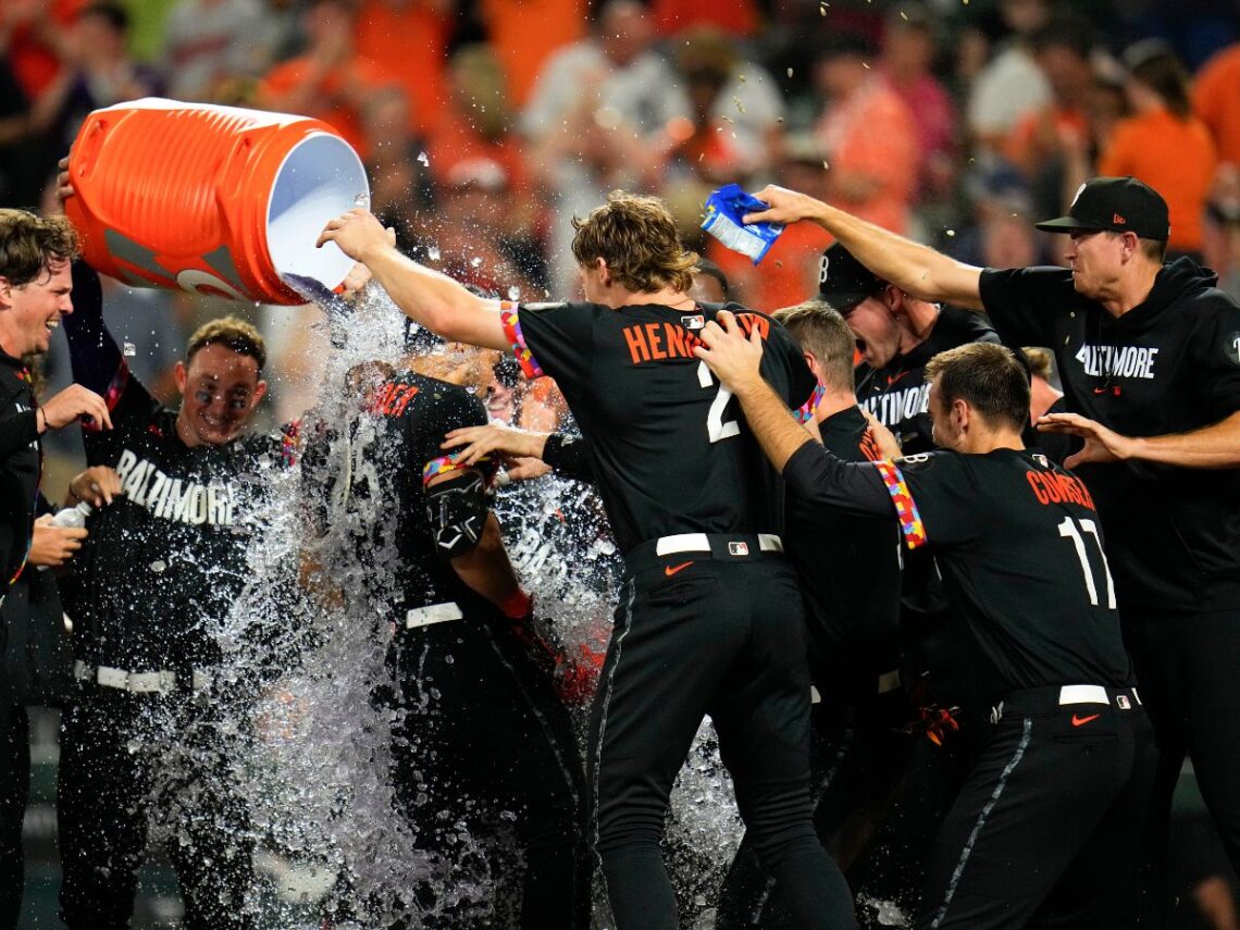 The Orioles celebrating the win