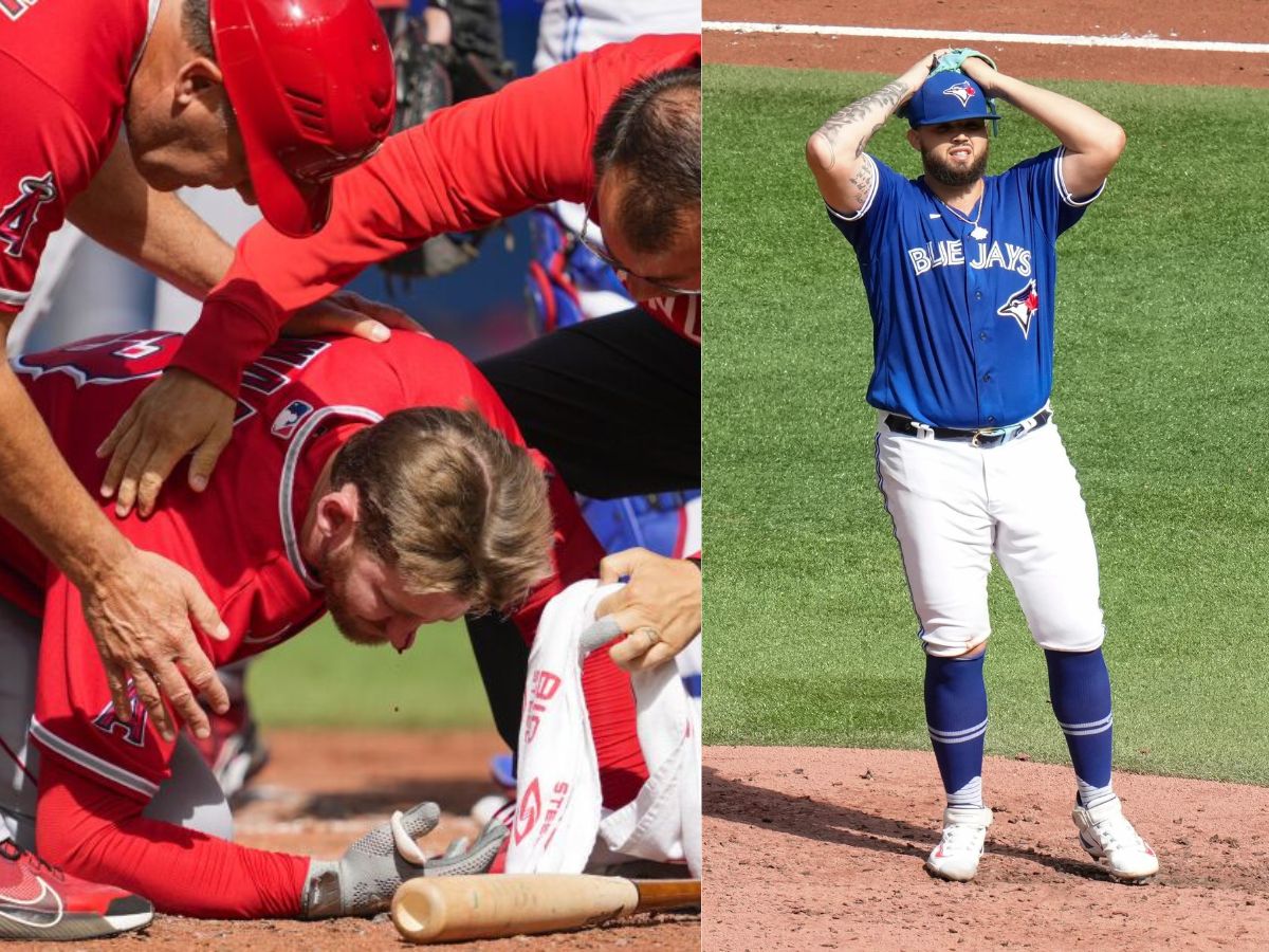 WATCH: Taylor Ward gets accidentally THUMPED on face through pitch by Alek Manoah against Blue Jays