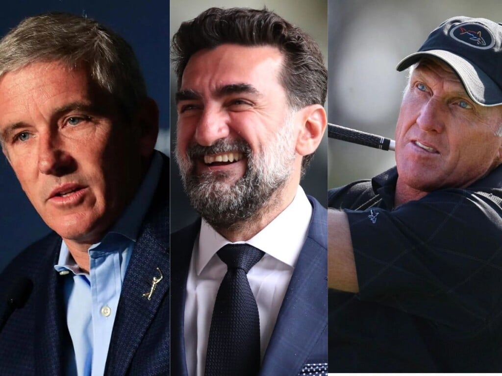 Jay Monahan, Yasir Al-Rumayyan, and Greg Norman (Image via skysports)