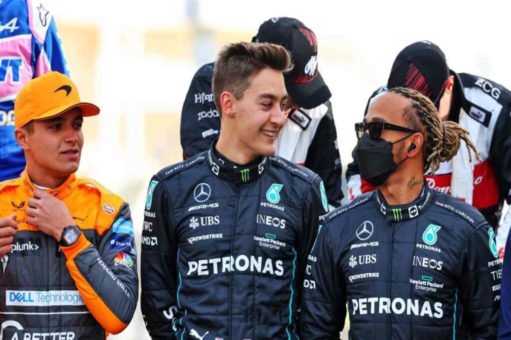 Lando Norris, George Russel and Lewis Hamilton