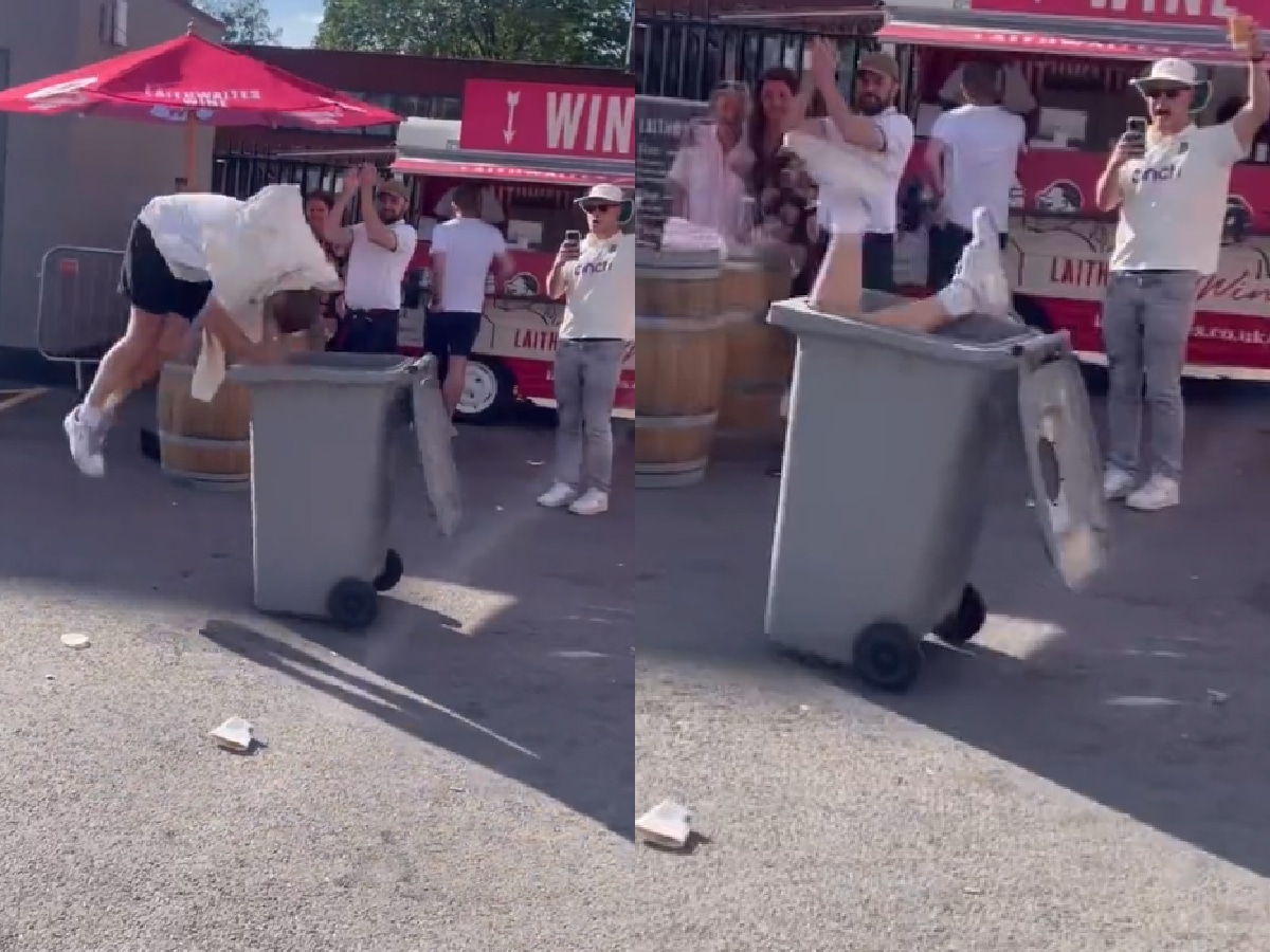 WATCH: England fan DIVES INTO DUSTBIN outside Old Trafford during fourth Ashes Test, fans demand he is sent to the Olympics