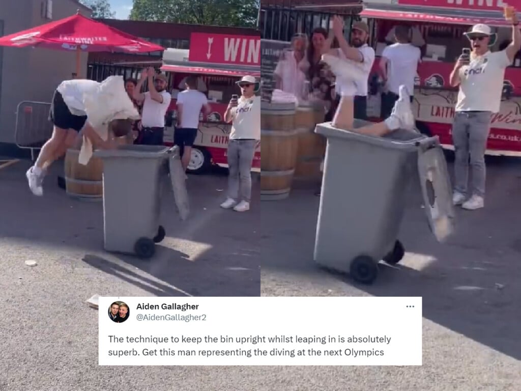 fans reaction to man jumping into bin