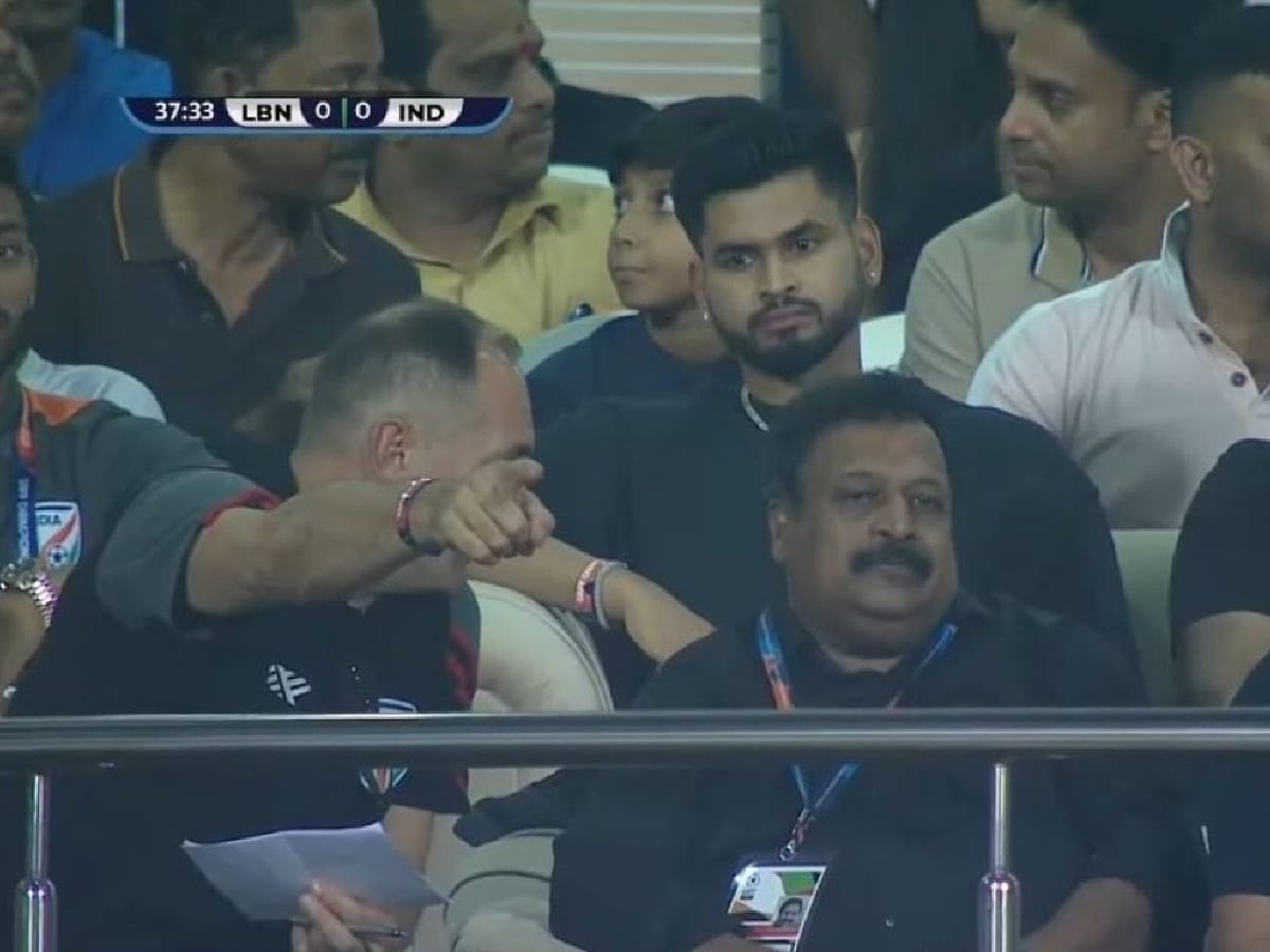 Shreyas Iyer spotted supporting India in the SAFF Championship semi-final against Lebanon in Bengaluru