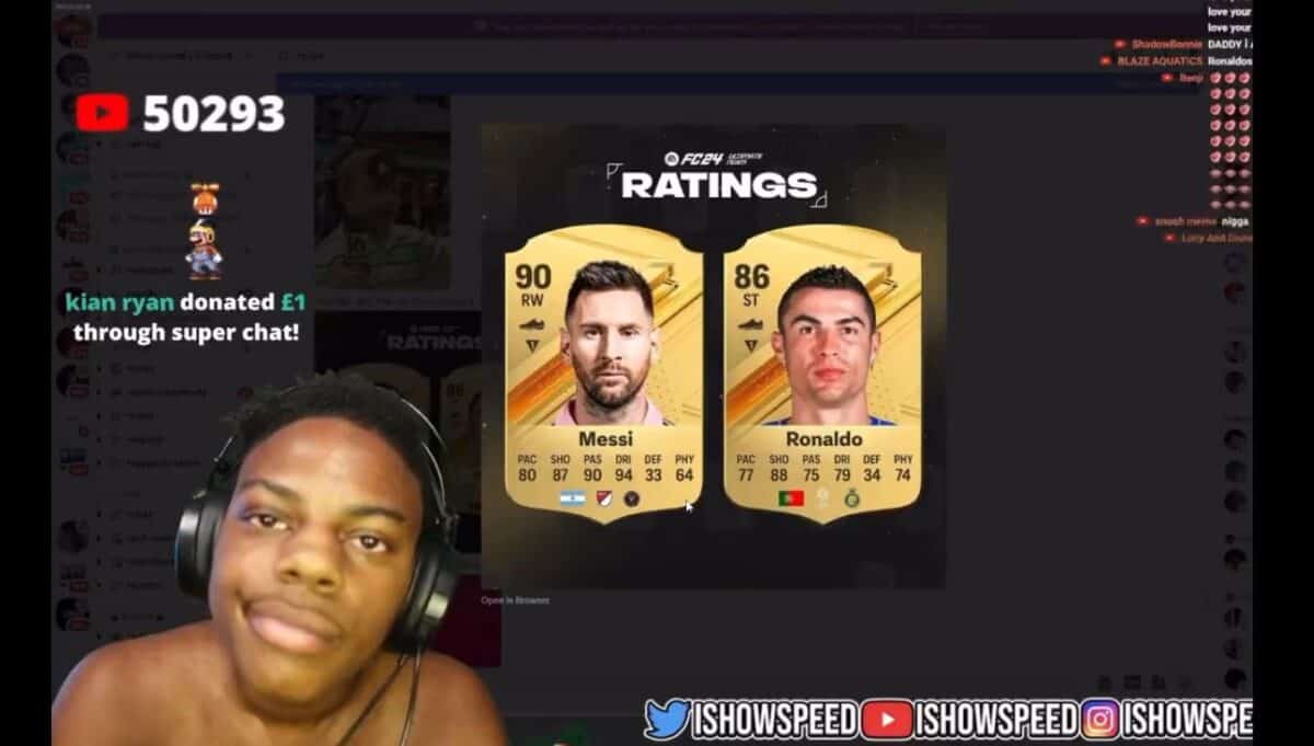 IShowSpeed reacts to Messi's EAFC 24 card being higher rated than Ronaldo's