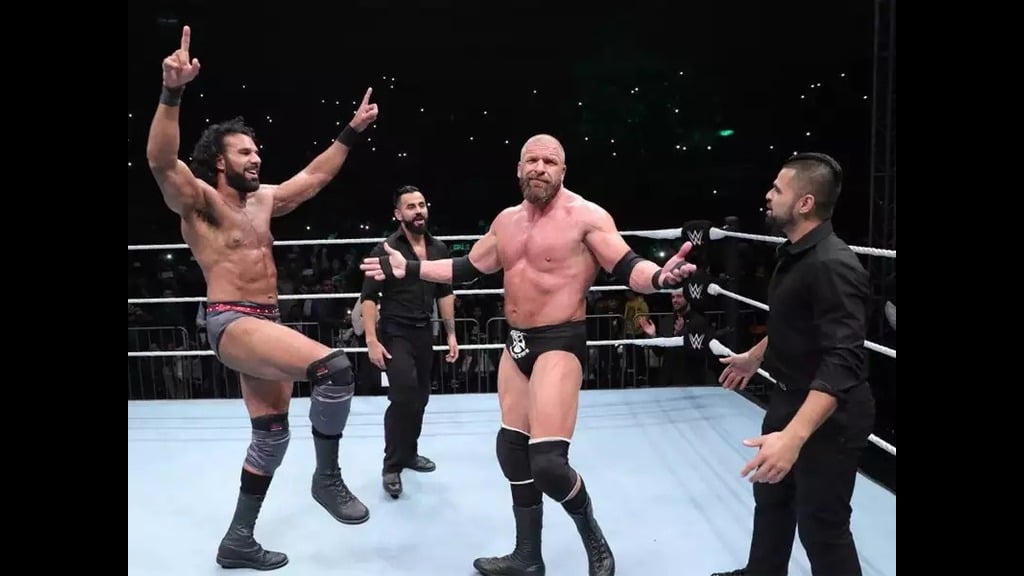 Triple H dancing with Jinder Mahal and the Bollywood Boyz