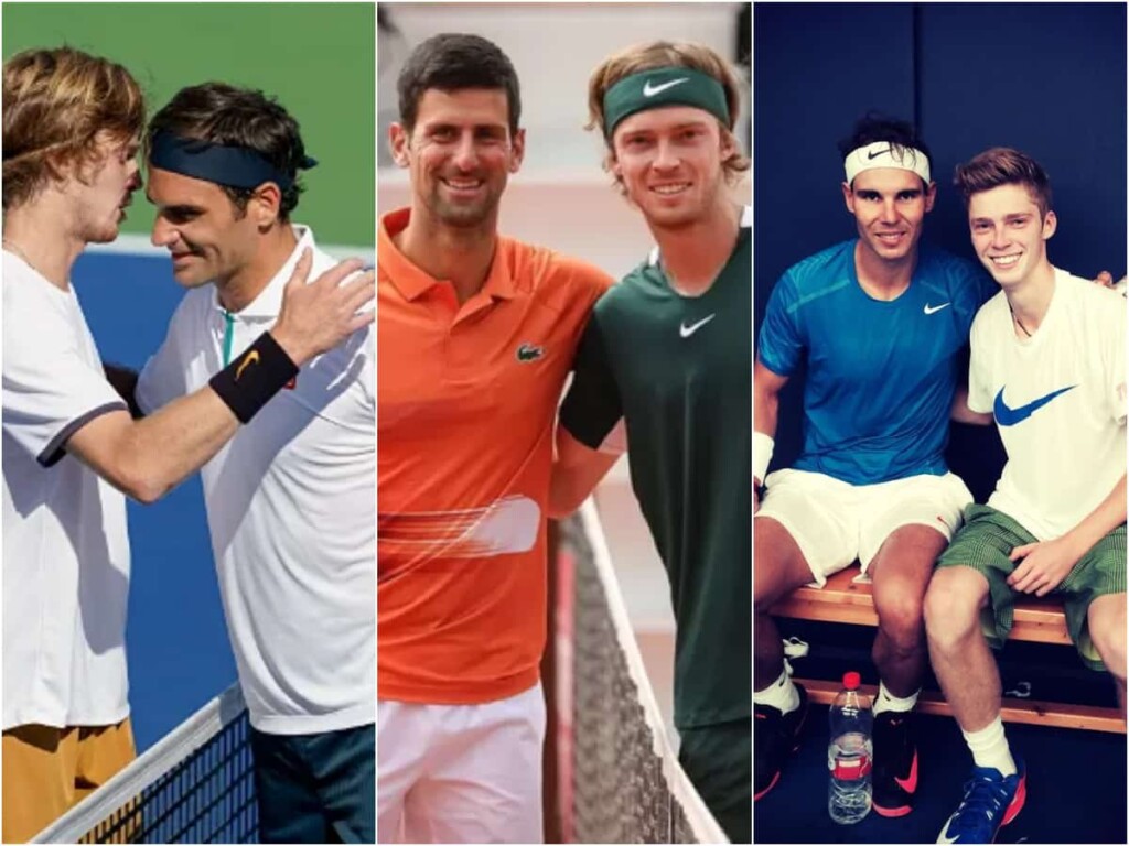 Andrey Rublev with Roger Federer, Novak Djokovic and Rafael Nadal