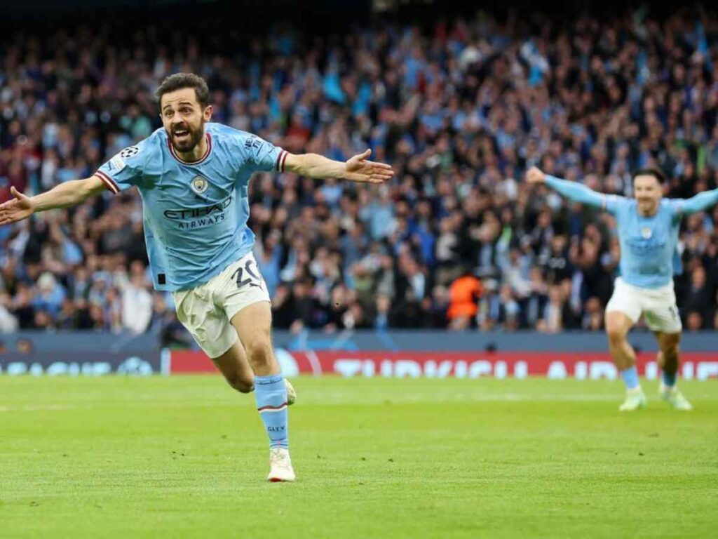 Bernardo Silva celebrates after scoring for Manchester City. 