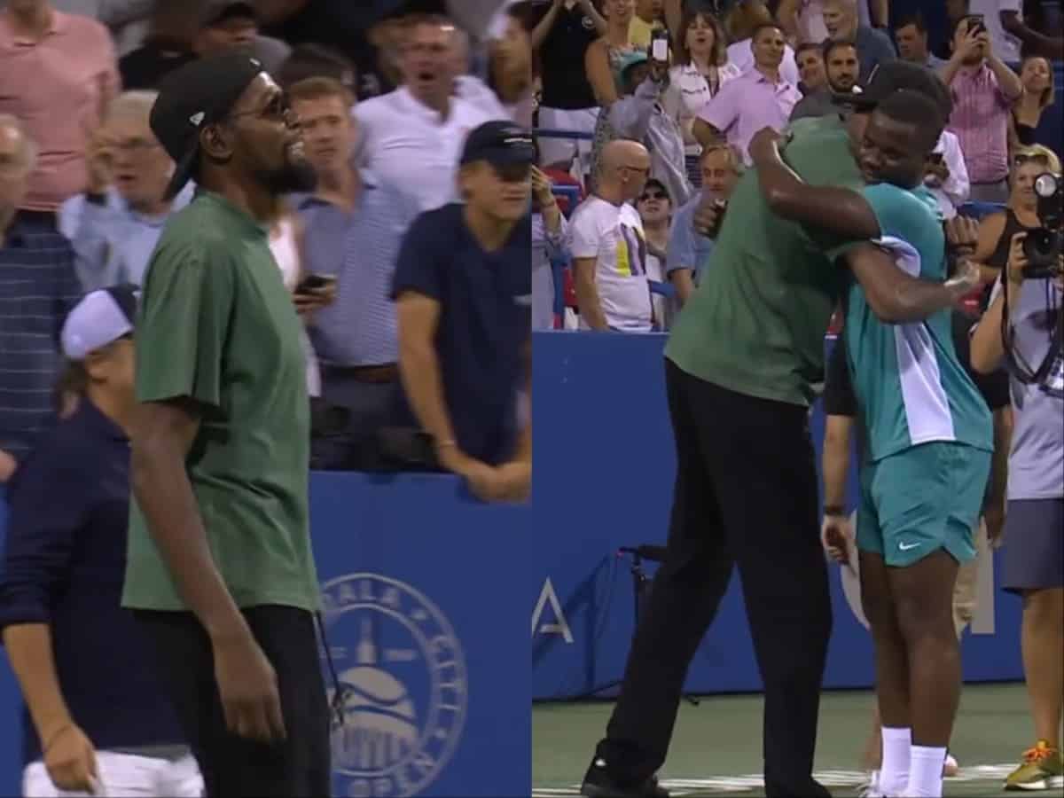 WATCH: NBA superstar Kevin Durant gives a big hug to Frances Tiafoe as the two banter on their basketball skills