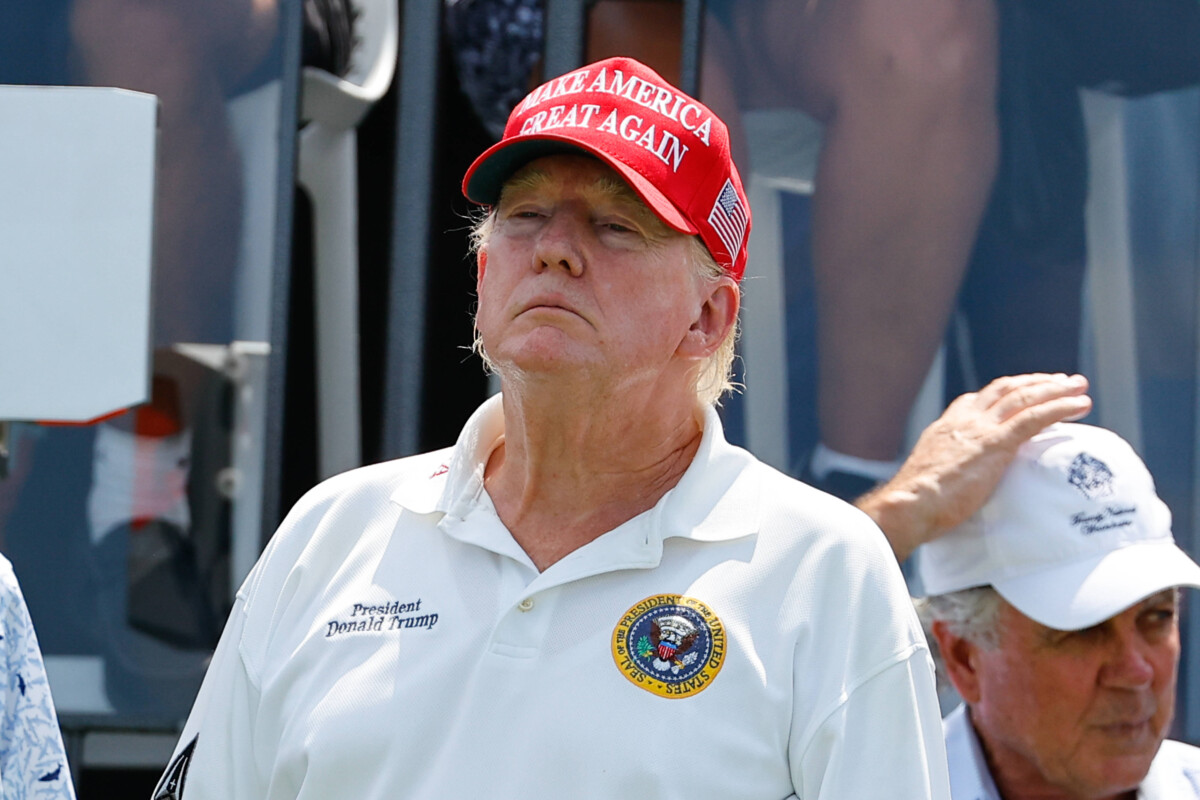 BEDMINSTER, NJ AUGUST 11: Former President Donald Trump at the 1st tee during LIV Golf Bedminster round 1 on August 1