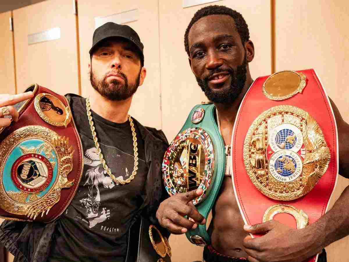 WATCH: “I just like showed you!” – Rapper Eminem hilariously embraced Terence Crawford after boxer’s spectacular win over Errol Spence Jr