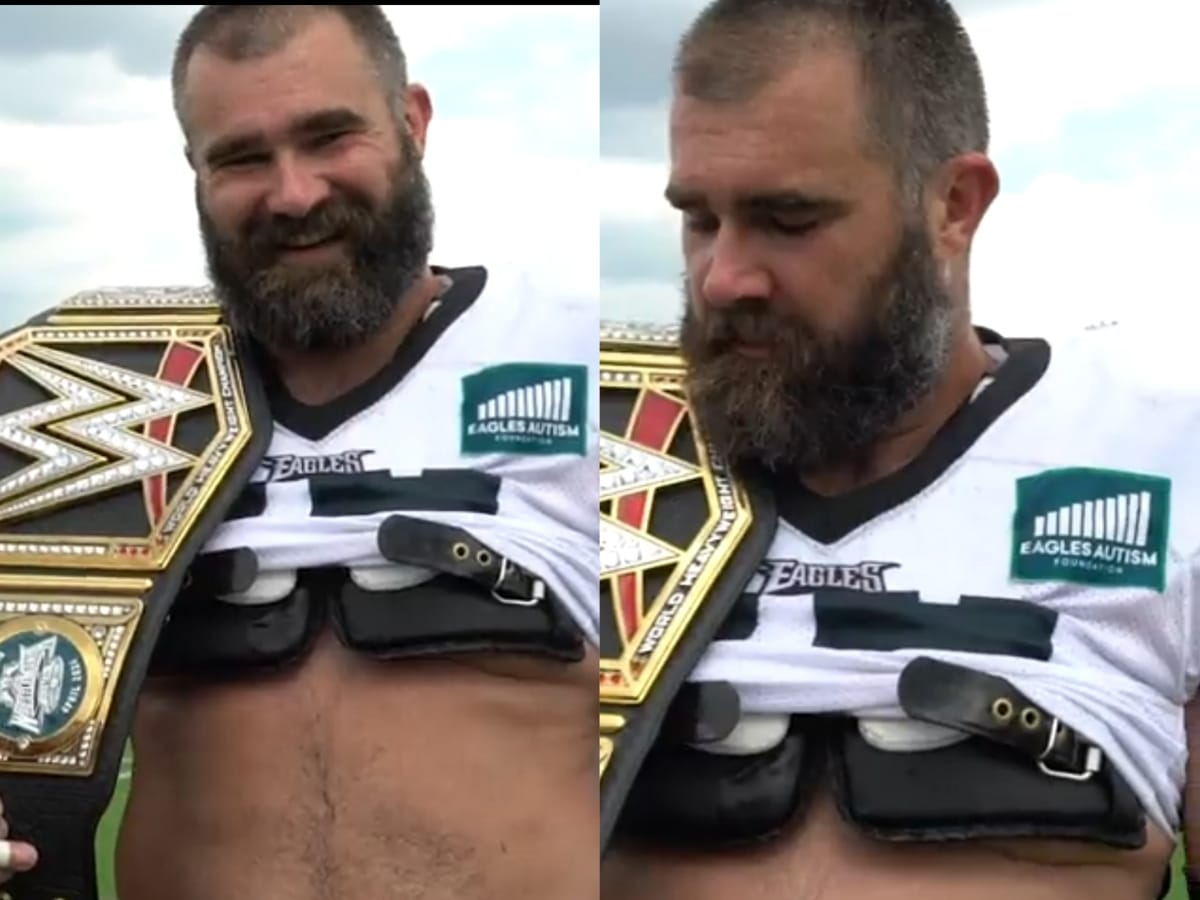 33-year-old WWE Superstar gifts Jason Kelce WWE title and demands Lombardi Trophy on his other shoulder by next WrestleMania in Philadelphia 