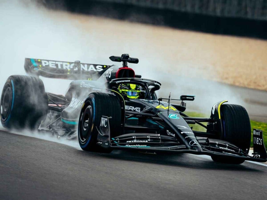 Lewis Hamilton's Mercedes W14 in wet