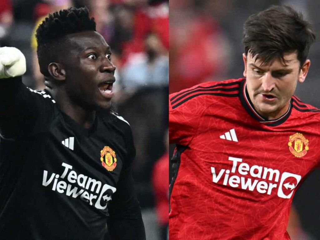 (L) Andre Onana shouting at (R) Harry Maguire