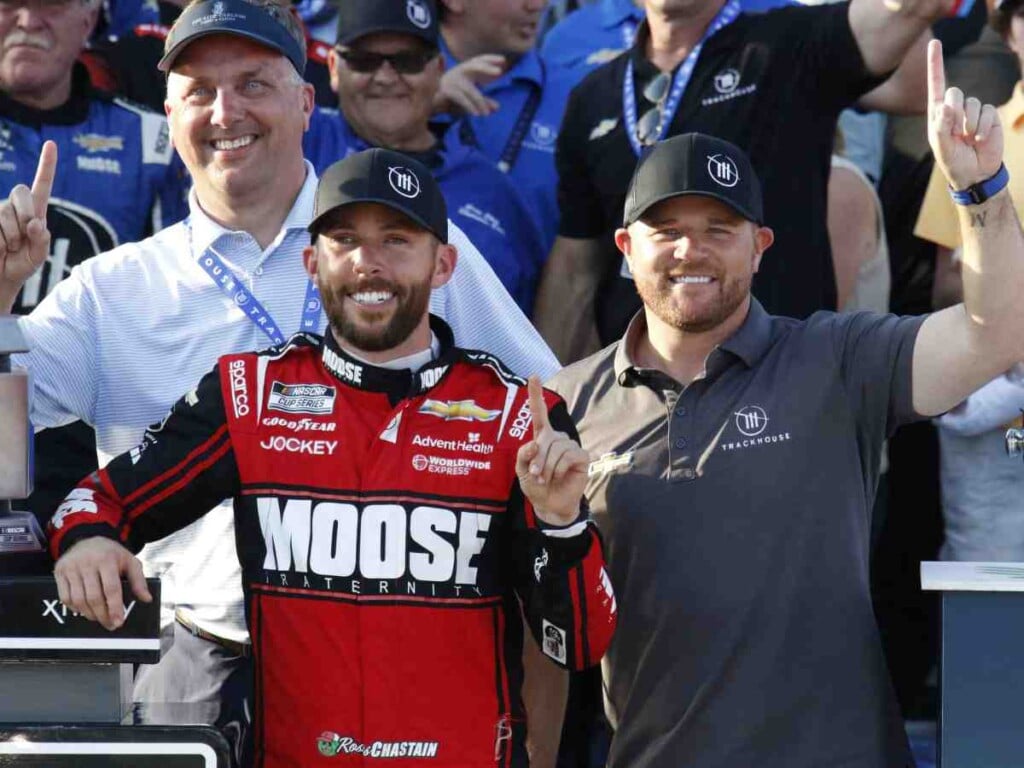 Justin Marks with his Trackhouse Racing team, Ross Chastain