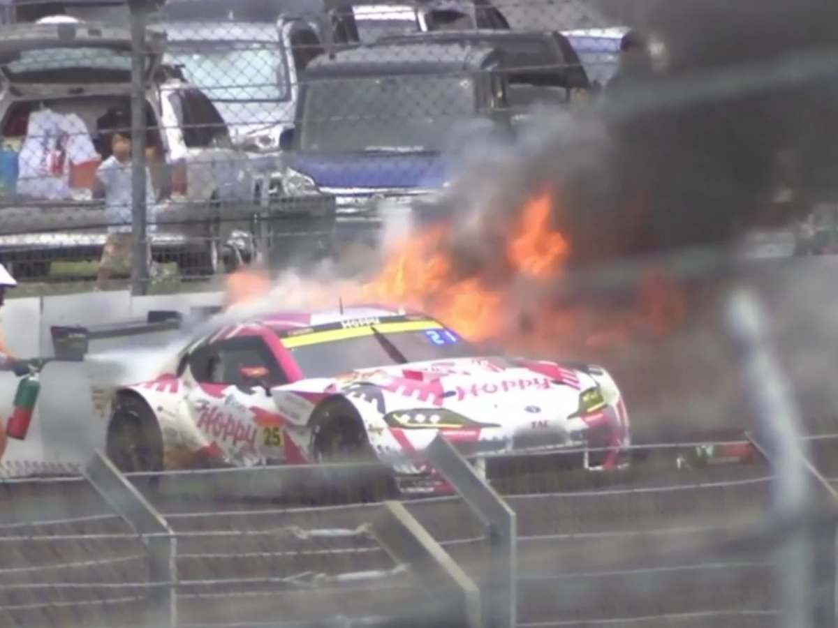 WATCH: Hoppy Schatz’s Super GT car caught on fire after crashing into the wall at Fuji Speedway