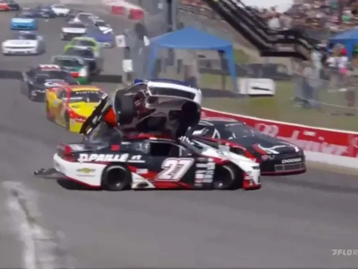 WATCH: “What a wild wreck”- Opening lap chaos in NASCAR Pinty’s Series as Kevin Lacroix gets launched over the roof of Andrew Ranger, fans react