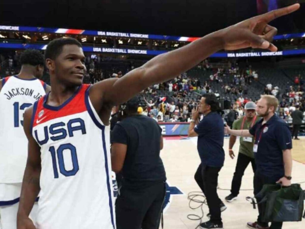 Anthony Edwards after Team USA beat Puerto Rico (Joe Murphy/NBAE via Getty Images)