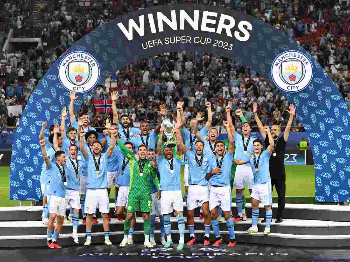 Manchester City captain Kyle Walker lifting the Super Cup Trophy 